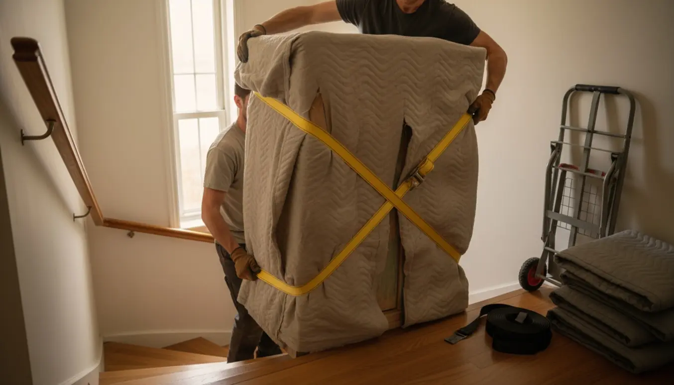 To personer bærer et børneskab op ad en privat trappe, pakket i flyttebetræk og sikret med stropper.