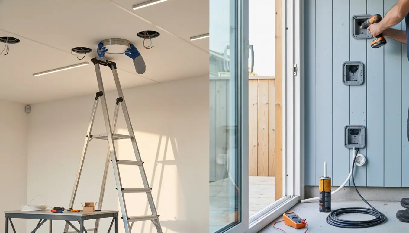 En elektriker monterer flere LED-loftslamper indendørs og installerer to udendørs stikkontakter ved husfacaden.