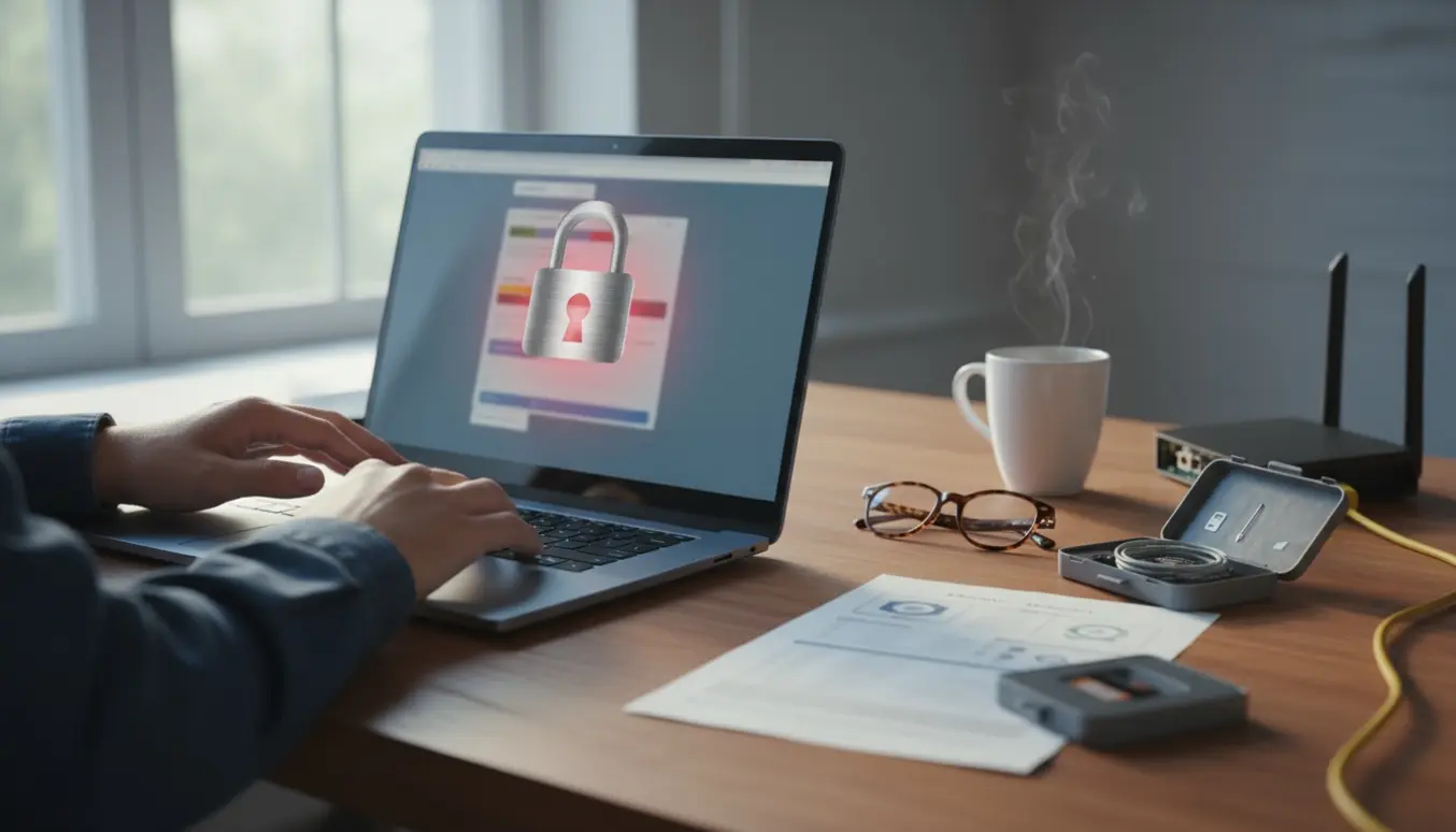 Hænder forsøger at låse op for en e-mailkonto på en laptop og smartphone ved et skrivebord.