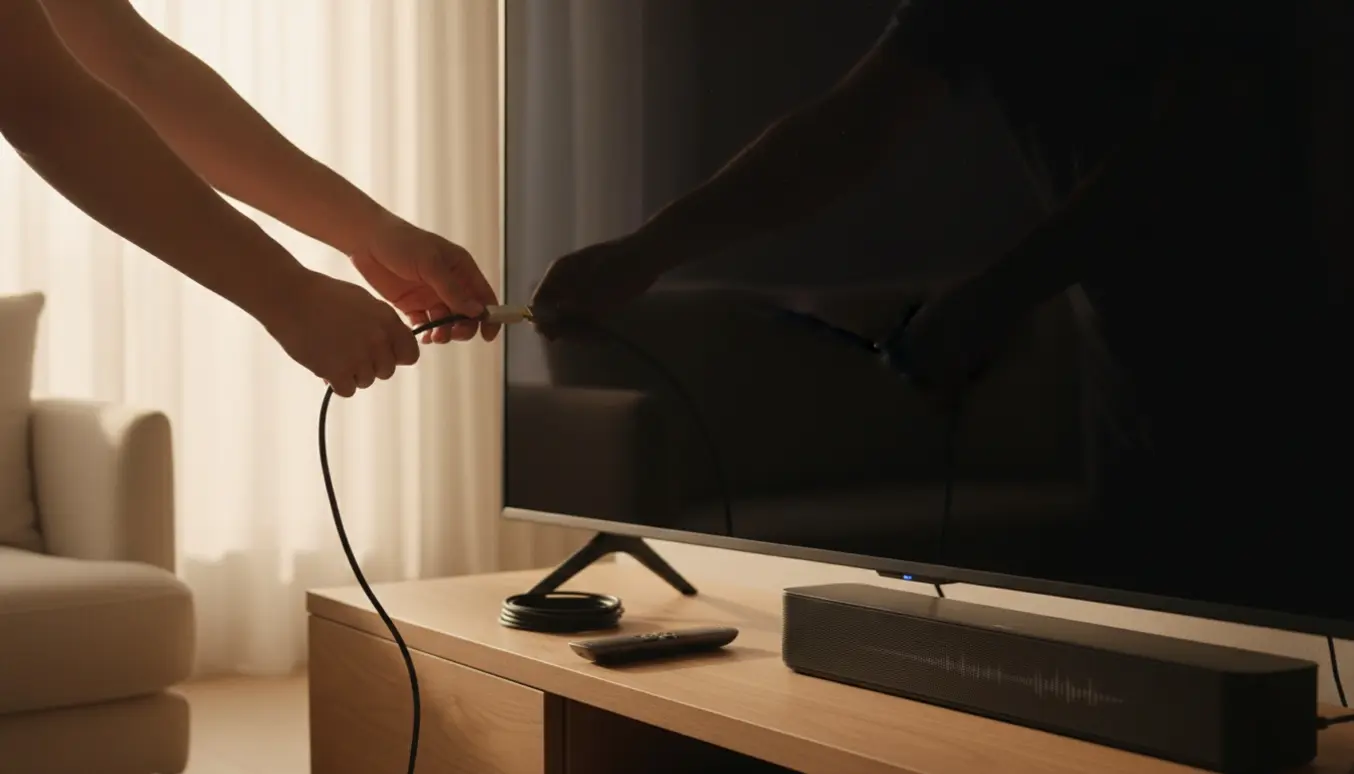 Nærbillede af hænder, der trækker et HDMI-stik ud af et tændt tv med sort skærm i en lys stue.