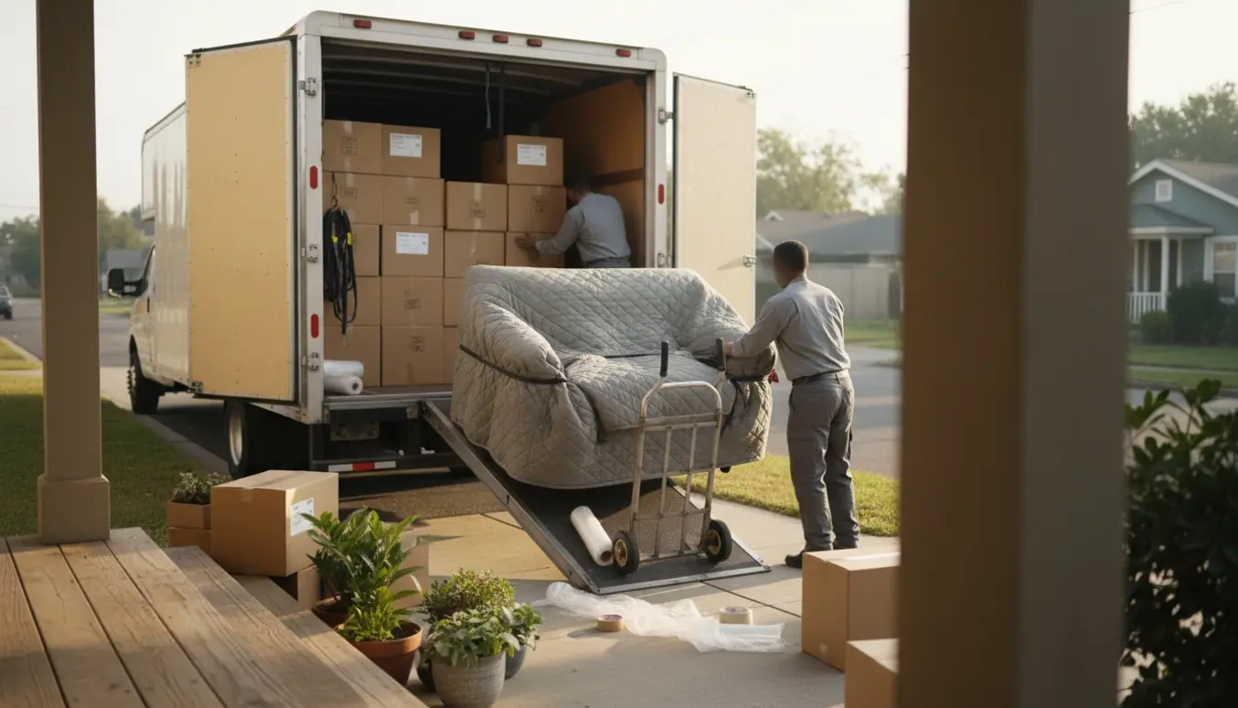 Flyttevogn ved et hus med møbler og flyttekasser klar til transport.