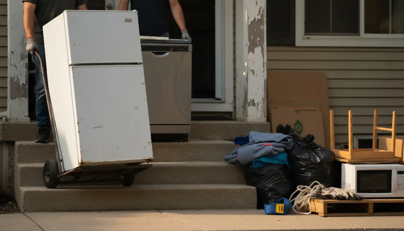 Gamle hvidevarer og affald bæres ned ad trapper og er stablet på en lodseplads klar til afhentning.