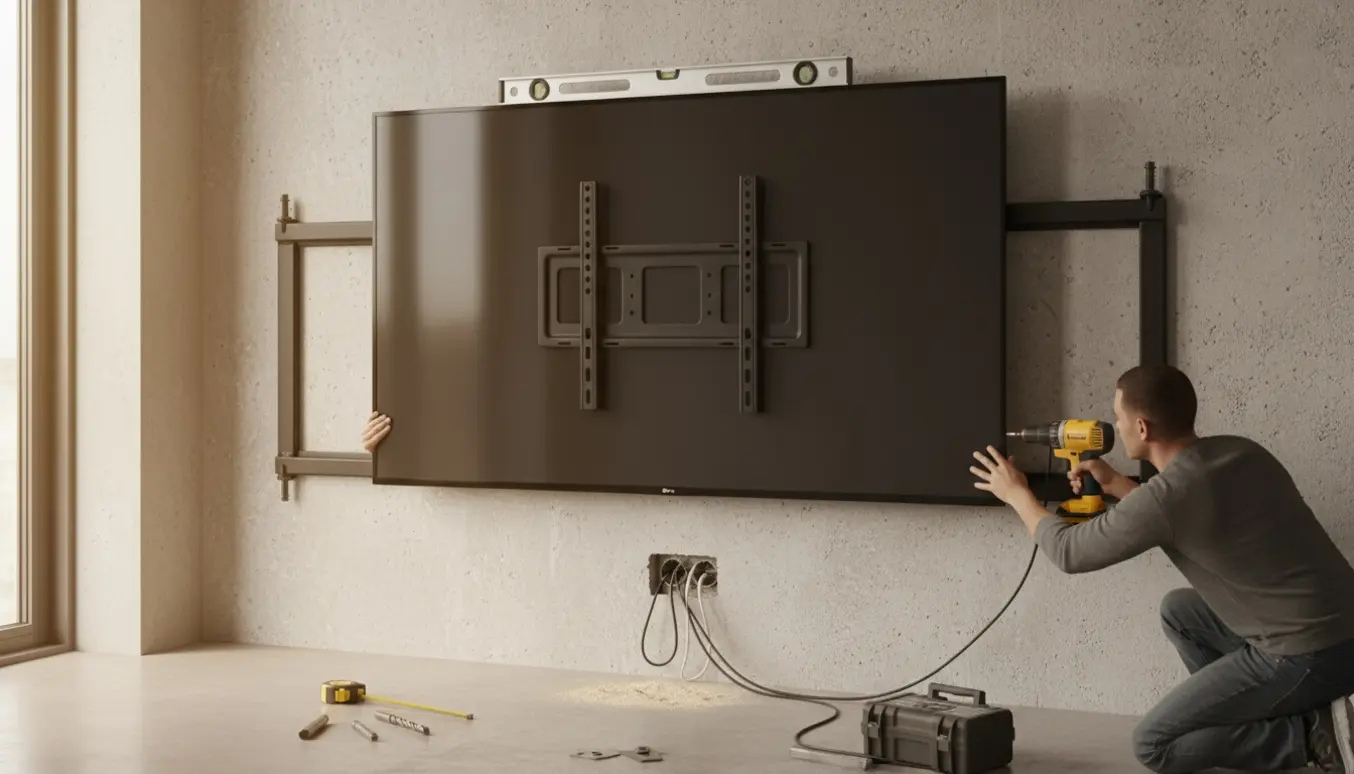 To personer monterer et stort 86-tommer fladskærms-tv på en betonvæg, kun hænder og kropsdele synlige.