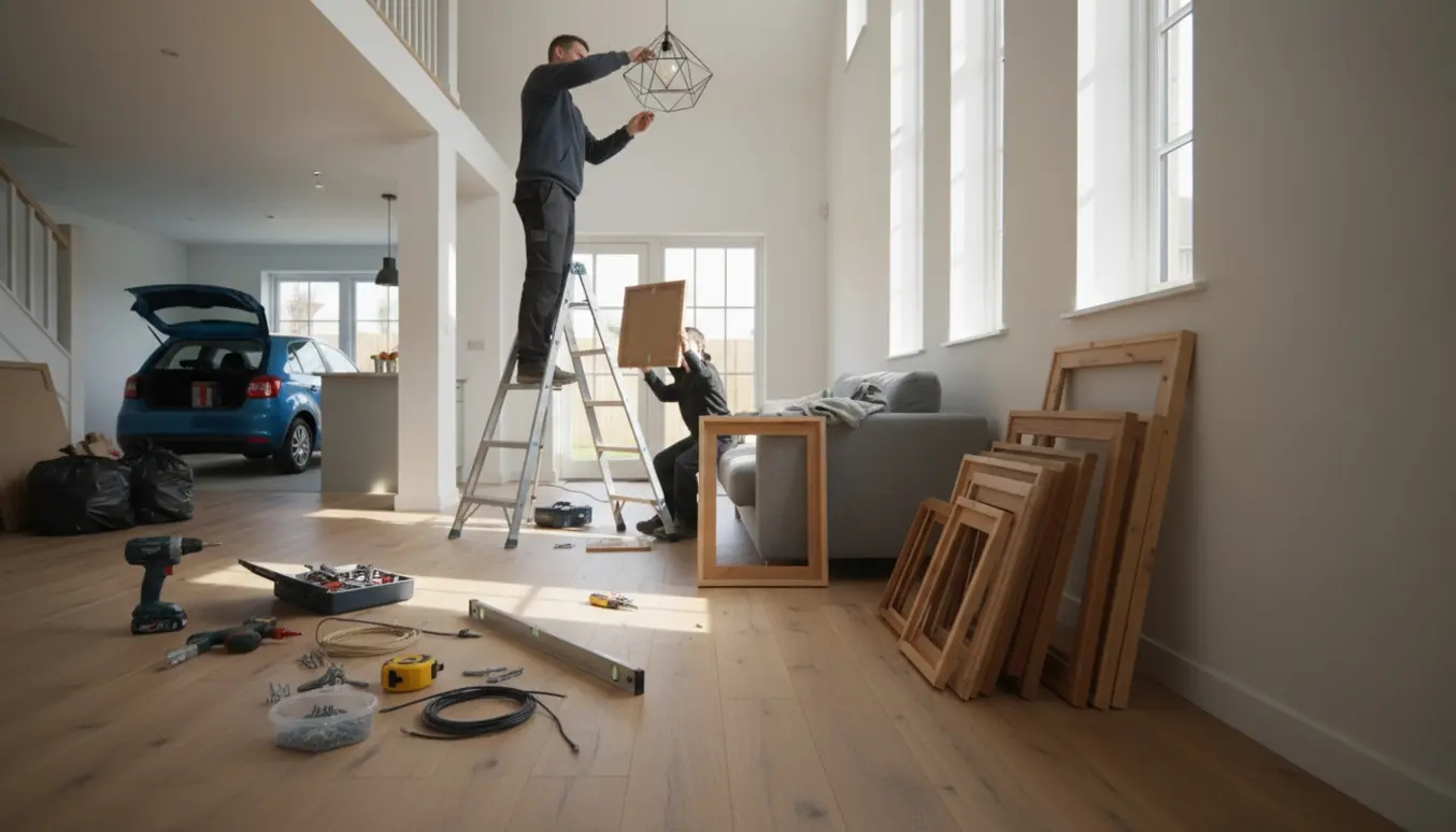 Nytilflytter hænger lamper og billeder op i stuen med værktøj og små poser med flamingo, pap og plastik klar ved døren.