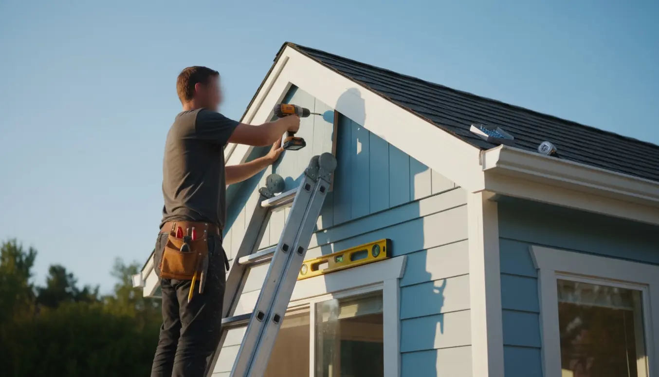 En håndværker på en stige sætter en træplade op på gavlen på et énplans hus.