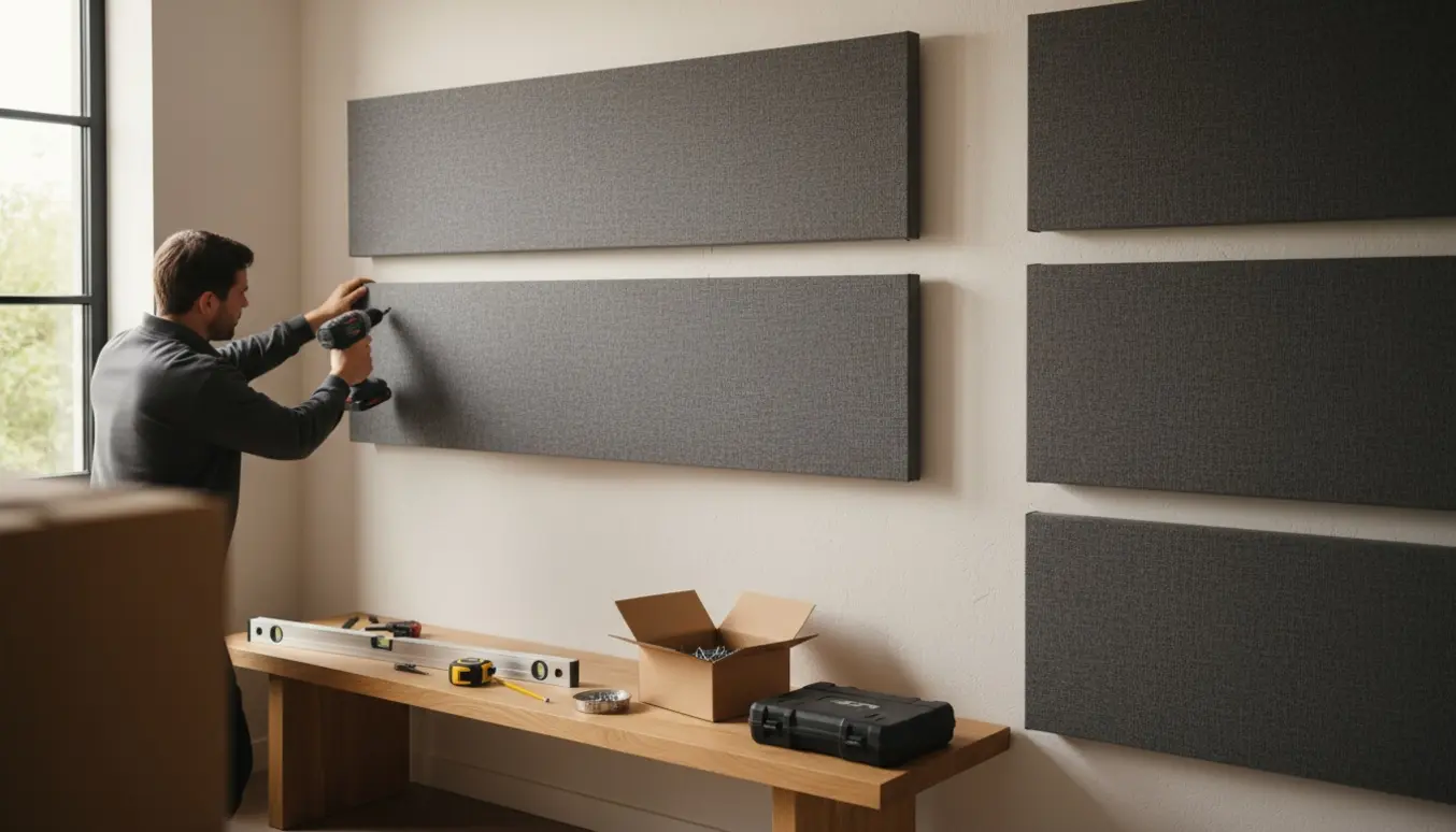 Hænder monterer lydpaneler over en træbænk med værktøj og skruer i naturligt dagslys.