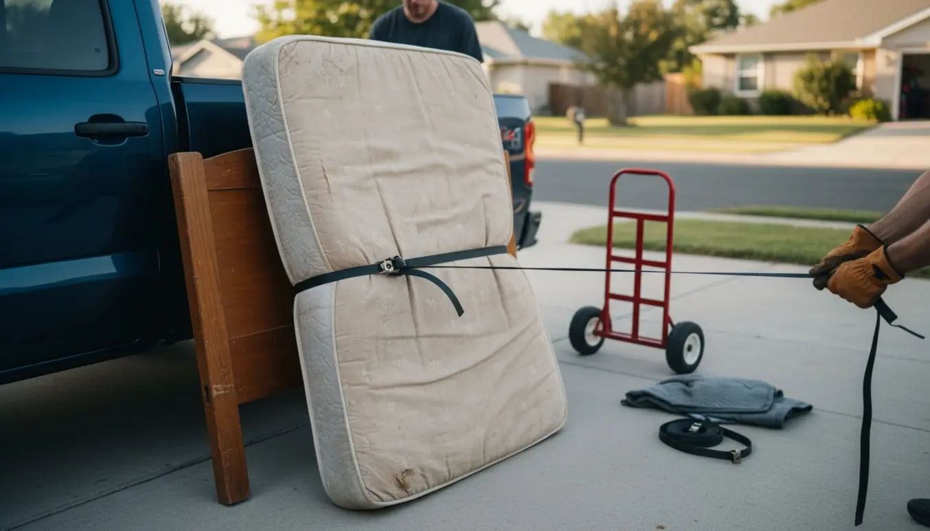 En gammel seng lænes ved fortovet klar til afhentning med rem og flytteudstyr.