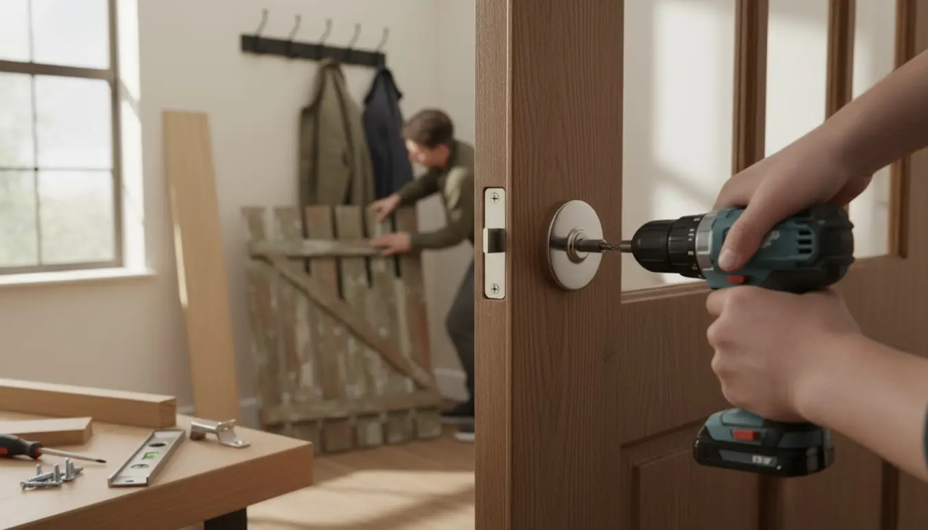 Nærbillede af hænder der monterer dørhåndtag og hængsel med værktøj i en lys entré med nye knager.