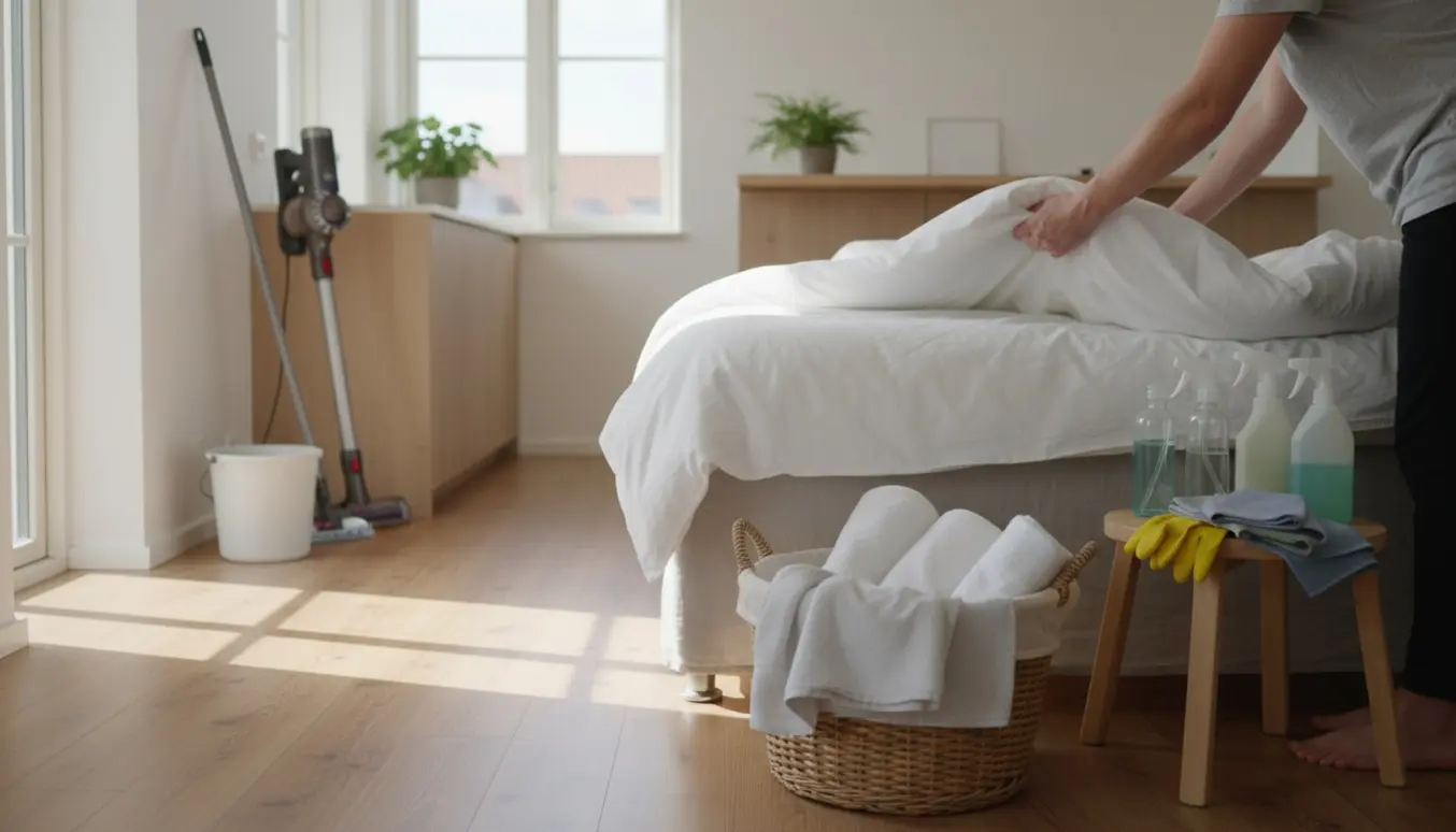 Lys Vesterbro‑lejlighed under rengøring med nyopredt seng, foldet sengetøj og rengøringsudstyr.