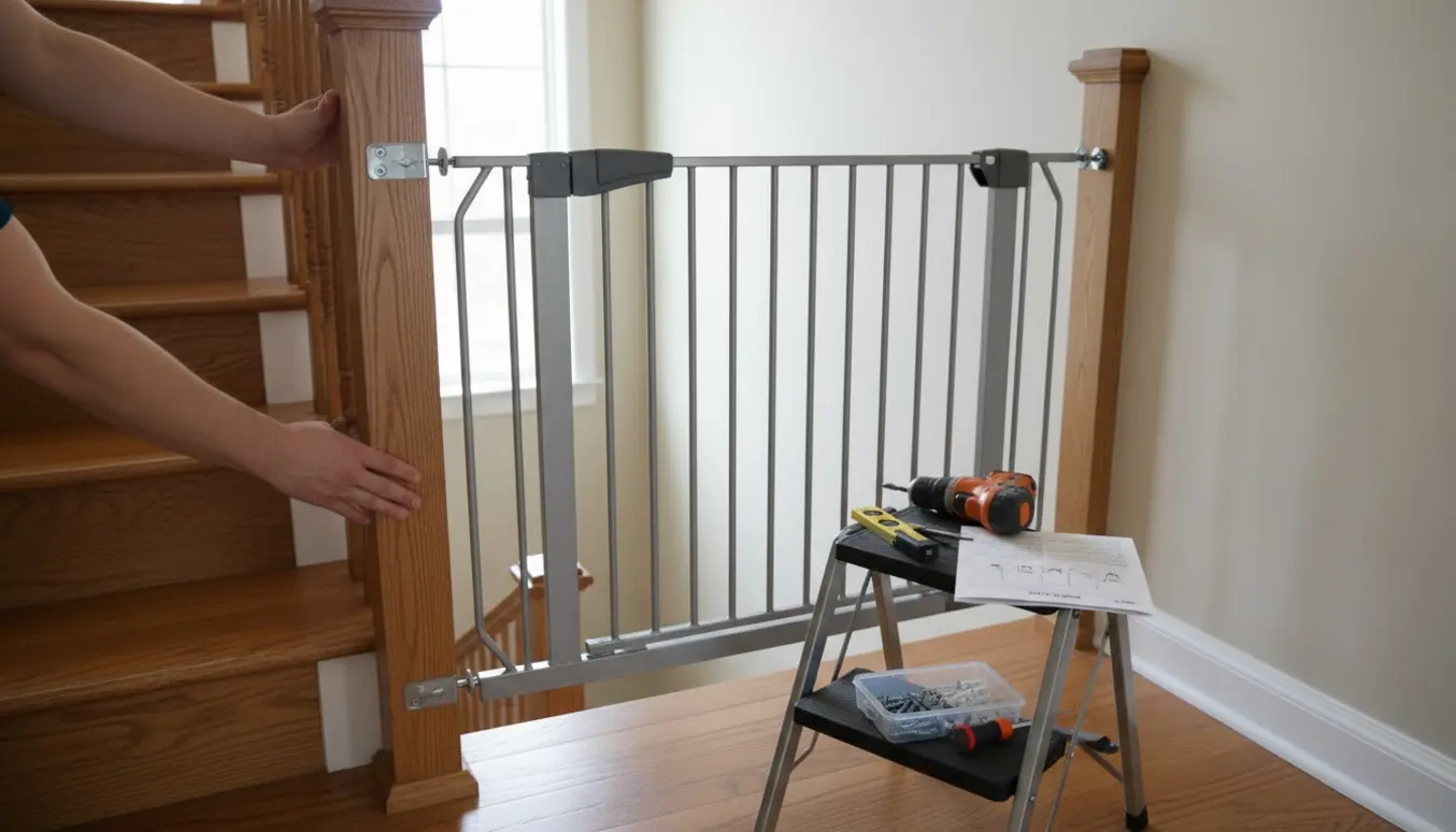 Sikkerhedsgitter monteres for enden af en trappe med værktøj i forgrunden.