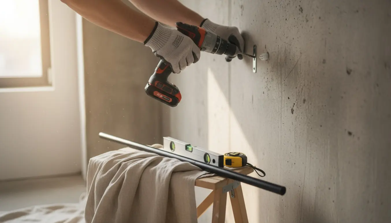 Nærbillede af hænder, der monterer gardinbeslag på en rå betonvæg med bore- og monteringsværktøj i morgenslys.