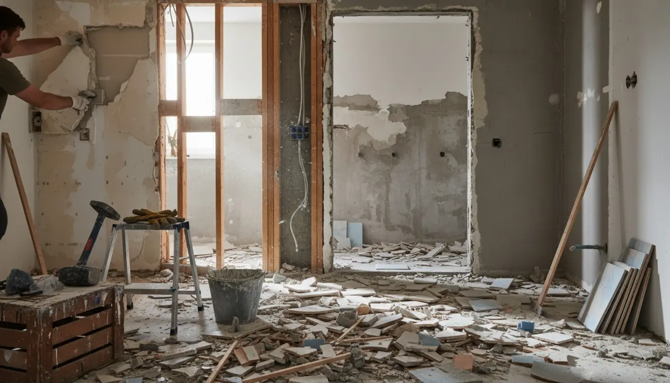 Partielt nedrevne indervægge og et lille badeværelse med fjernede fliser, værktøj og byggeaffald i dagslys.