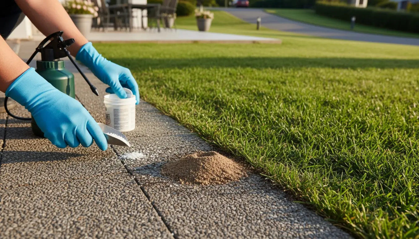Nærbillede af myrer i fliser og en græsplæne, mens handsker sprer lokkemidler på en terrasse uden ansigter i billedet.