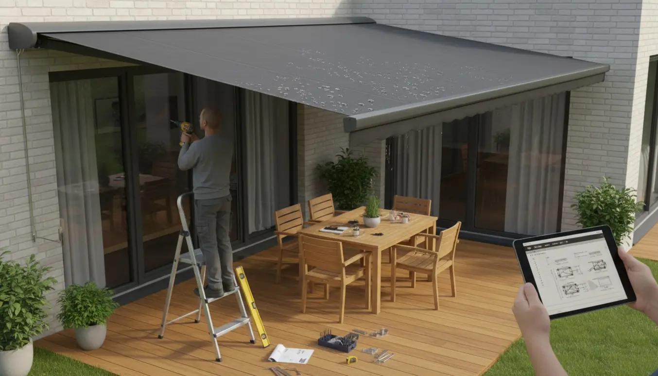 Montering af en vandtæt markise over terrasse med håndværkeres hænder og værktøj.