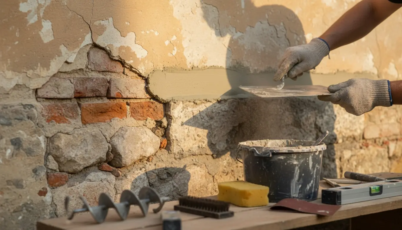 Nærbillede af hænder, der pudser og reparerer en gammel sokkel med murske og frisk mørtel.