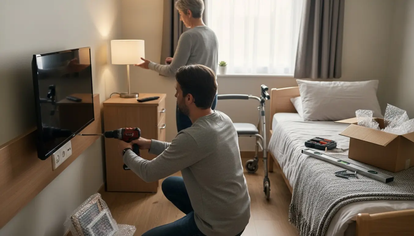 Hænder opsætter et tv og pakker ud i en nyindflyttet beboers værelse på et plejehjem.