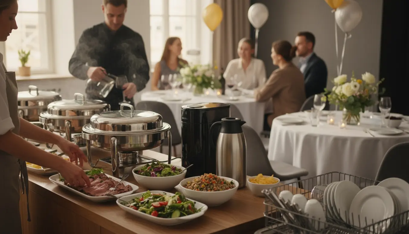 En hjælper fylder kander med iskoldt vand og arrangerer buffet ved en hyggelig jubilæumsmiddag.