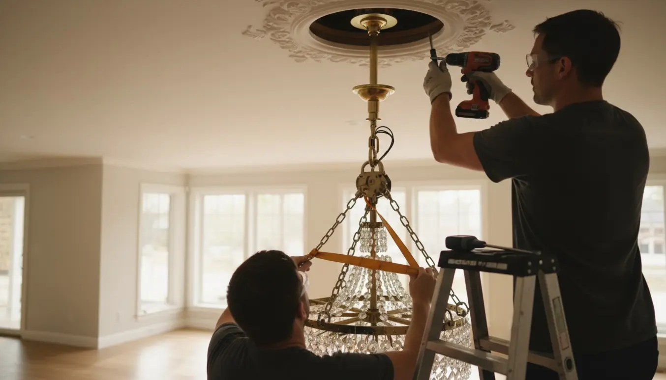 Person monterer en tung lysekrone i en dekorativ loftroset med en kraftig krog og stige.