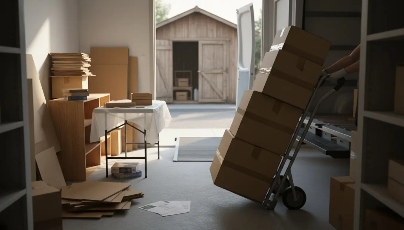 Lagerrum med kasser, papirer, klapbord og reol klar til at blive flyttet til Valby.