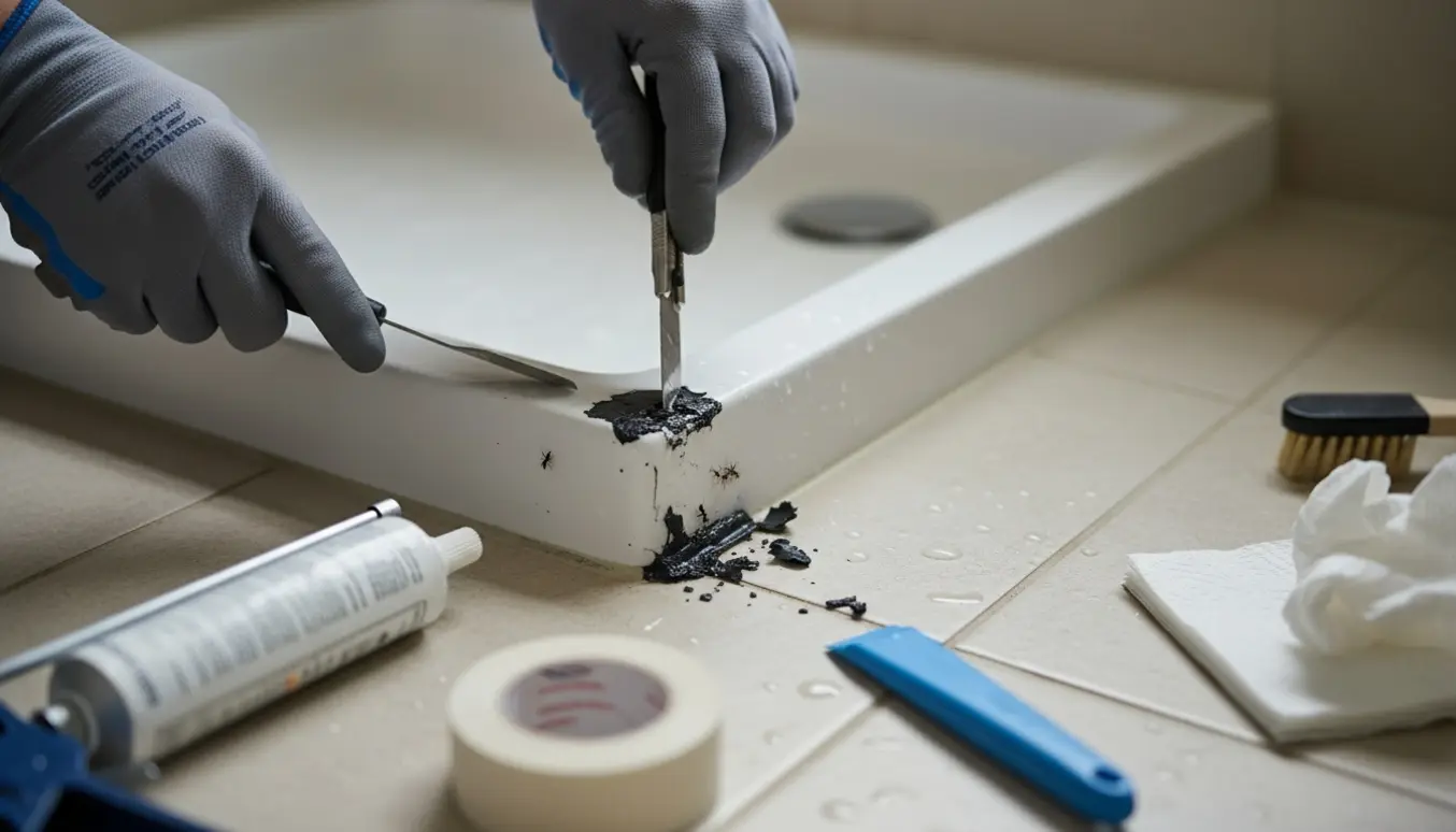 Nærbillede af handsker, der fjerner sort silikonefuge i et brusehjørne med værktøj klar.