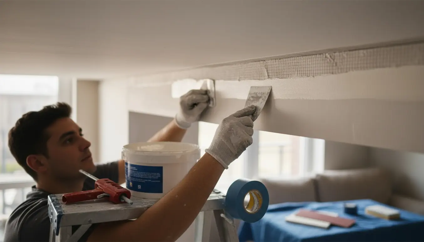 Nærbillede af hænder på en stige, der retter en cirka 2 m revne i loftets kant med spartelmasse og armeringstape.