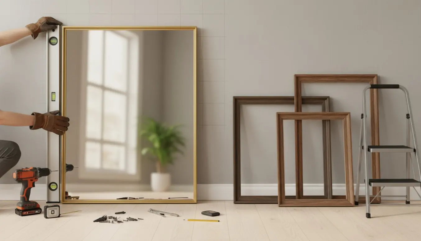Nærbillede af hænder, der opsætter et stort lodret spejl med værktøj og fire billedrammer i et lyst hjem.