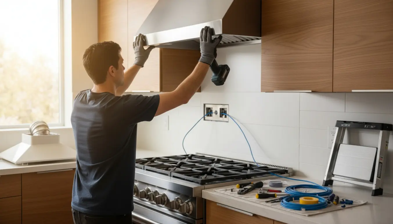 Installatør fra ryggen opsætter ny emhætte og trækker et netværkskabel i et moderne køkken.