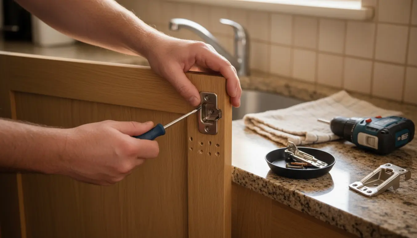 Nærbillede af hængsel og værktøj ved et åbent køkkenskab, hvor hængslet skiftes uden at vise ansigter.