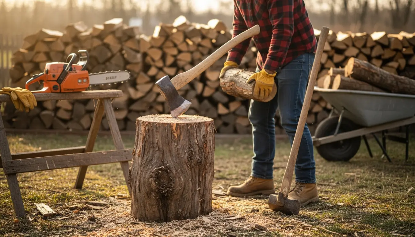 En person set fra siden hugger brænde ved en kløvstub med økse og stabelt brænde i baggrunden.
