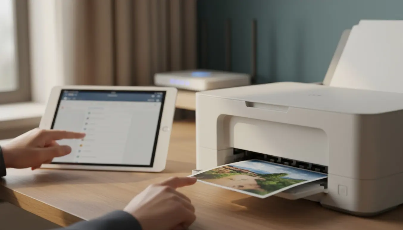 iPad ved siden af en hvid trådløs printer på et skrivebord med en udskrift på vej ud.