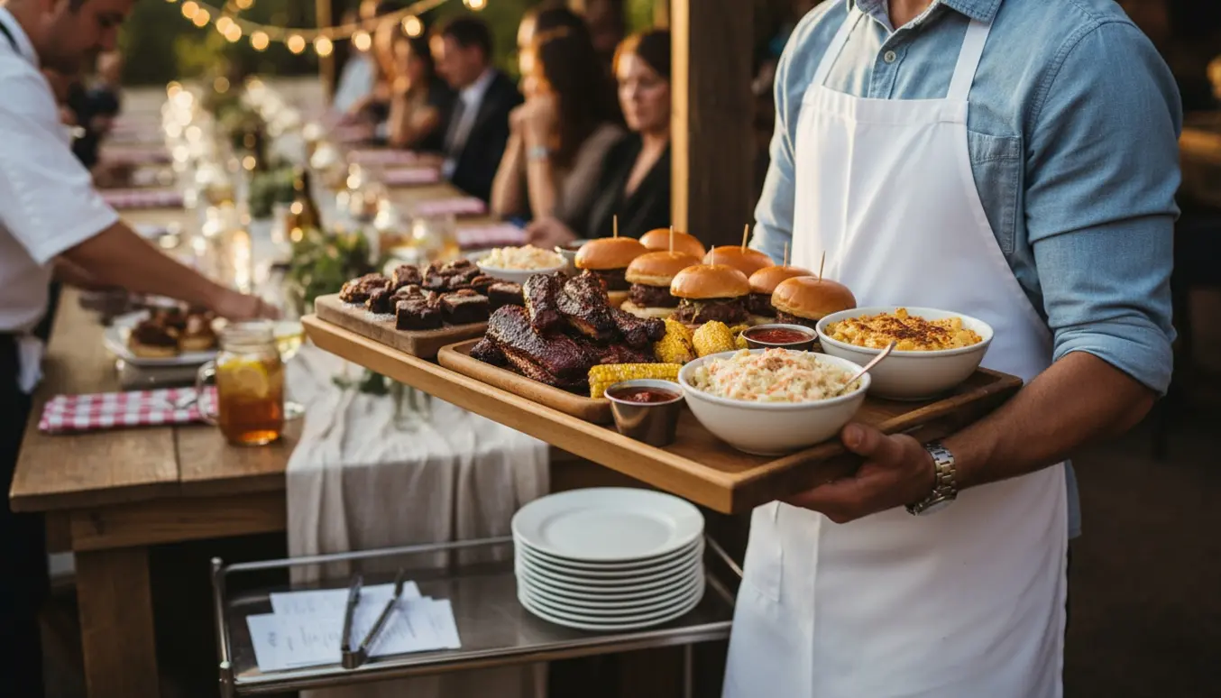 Tjener serverer amerikansk grillmenu ved bryllupsbord udendørs under varme lyskæder.