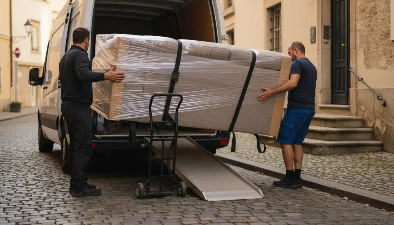 To personer læsser en indpakket hjørnesofa ind i en flyttebil foran en boligopgang, klar til transport.