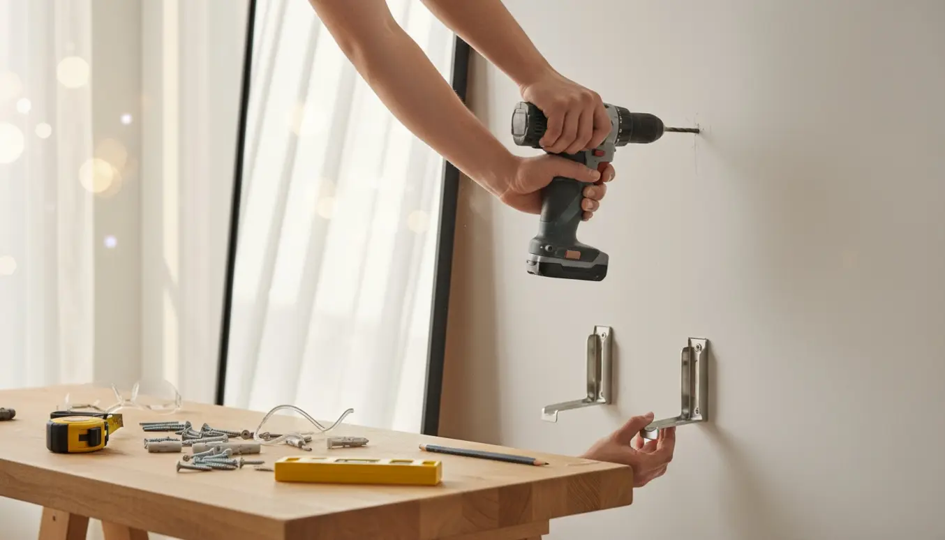 Nærbillede af hænder, der borer i væg for at montere gardinstang og spejl med bor, skruer og vaterpas i et lyst rum.