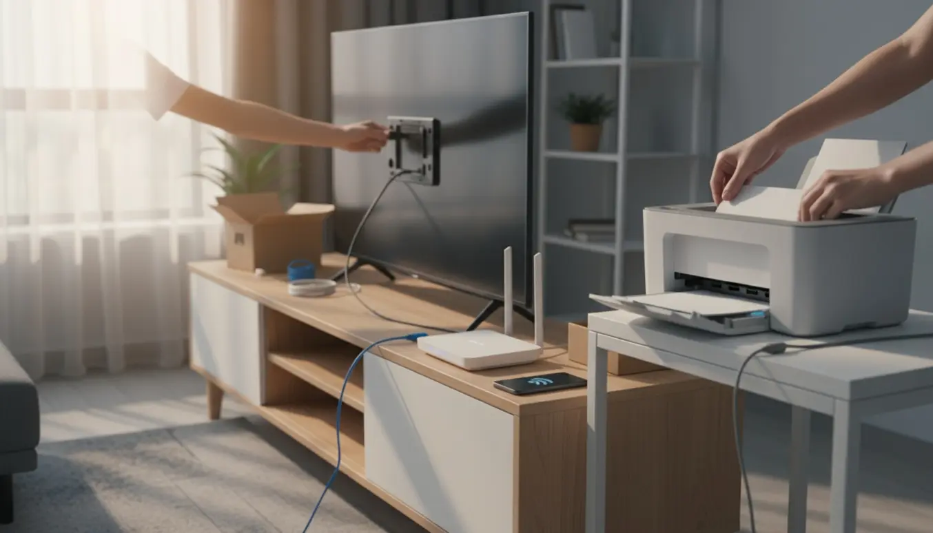 Hænder tilslutter en ny router, fladskærms-tv og printer i en lys og ryddelig stue.