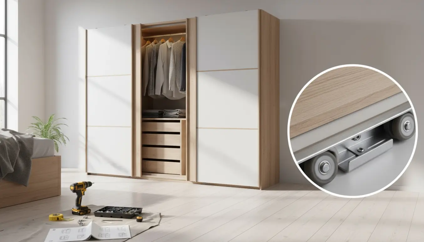 To matchende klædeskabe med skydelåger, én låge delvist åben og monteringsværktøj på gulvet i et lyst værelse.