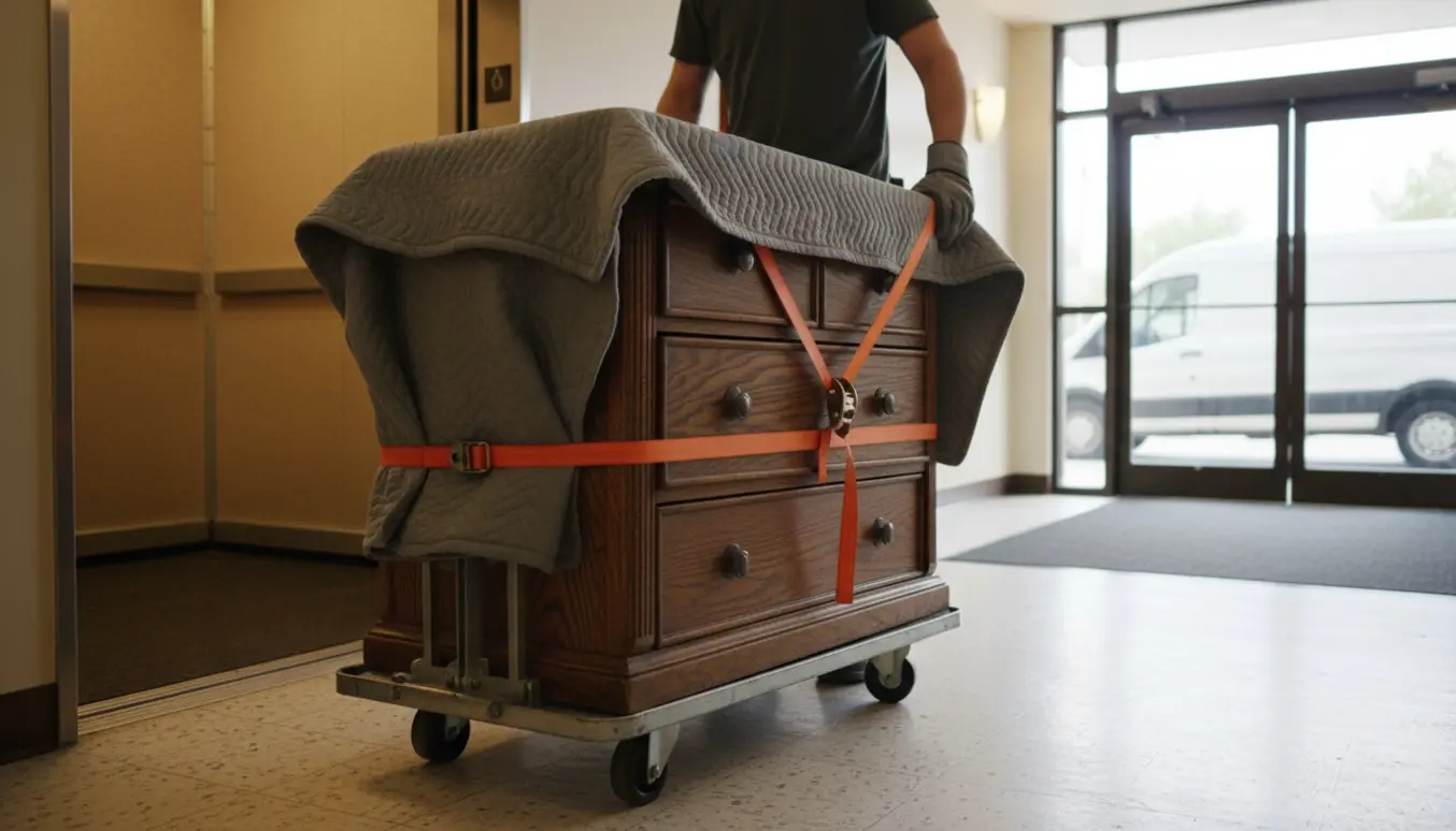 Kommode på flyttedolly i en opgang ved en åben elevator, klar til afhentning med varebil parkeret udenfor.