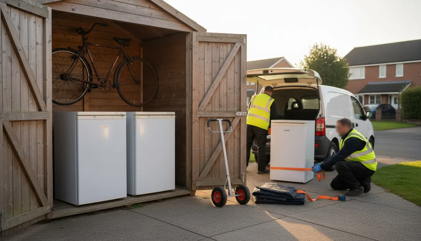 To små kølefryseskabe og en cykel i et åbent skur klar til afhentning, med varebil og håndvogn på indkørslen.