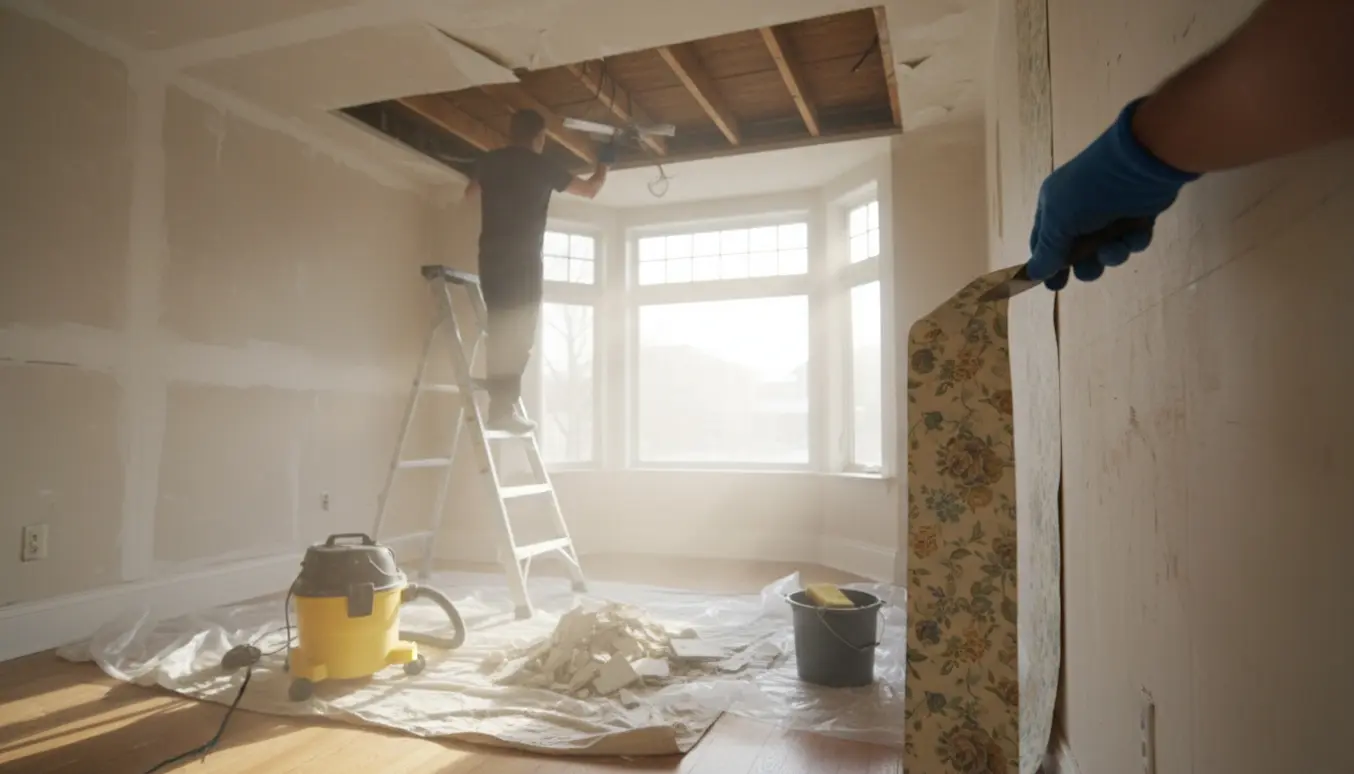 Stue under renovering med delvist fjernet loft og tapet, værktøj og afdækningsmaterialer i naturligt lys.