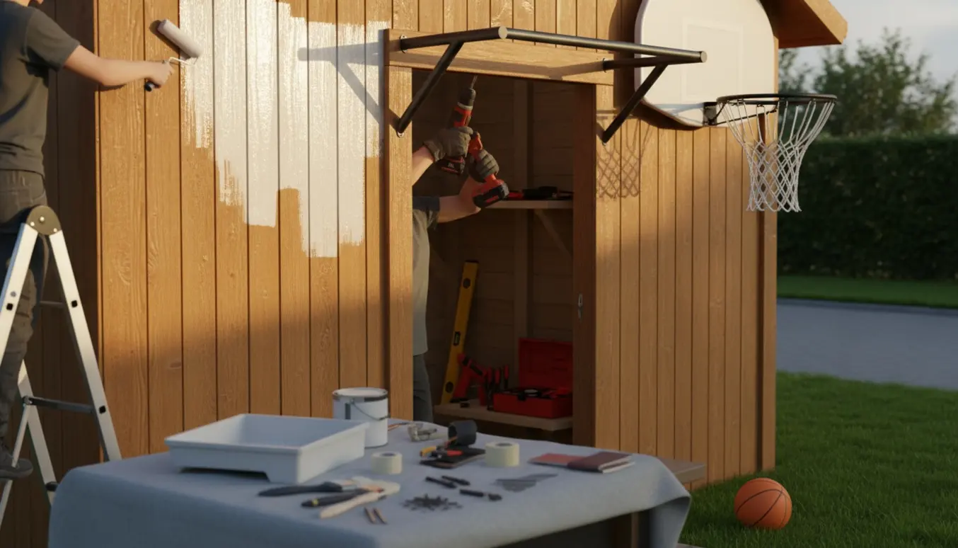 Skur og væg under renovering med maling, værktøj, pull-up bar og opsat basketballnet.