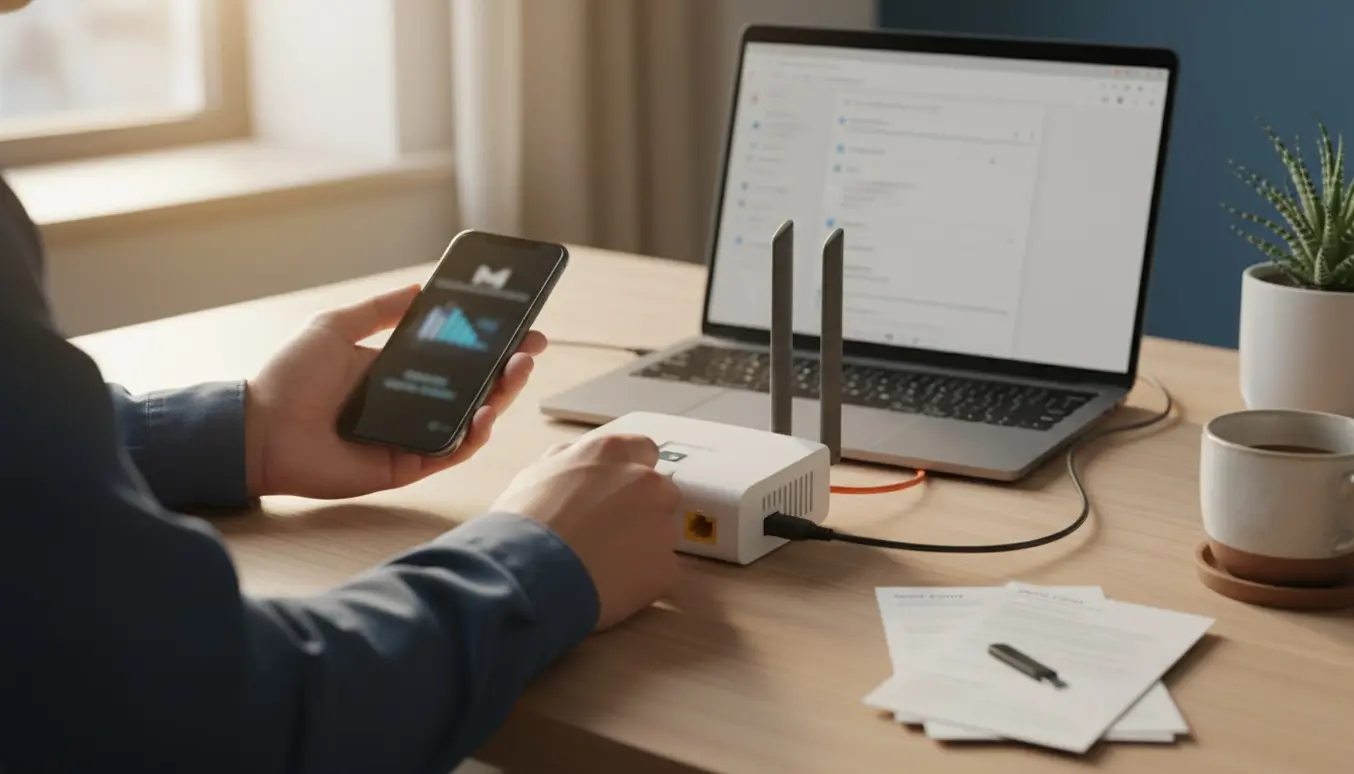 Hænder opsætter en mobilrouter ved siden af en bærbar med e-mailprogrammet åbent.