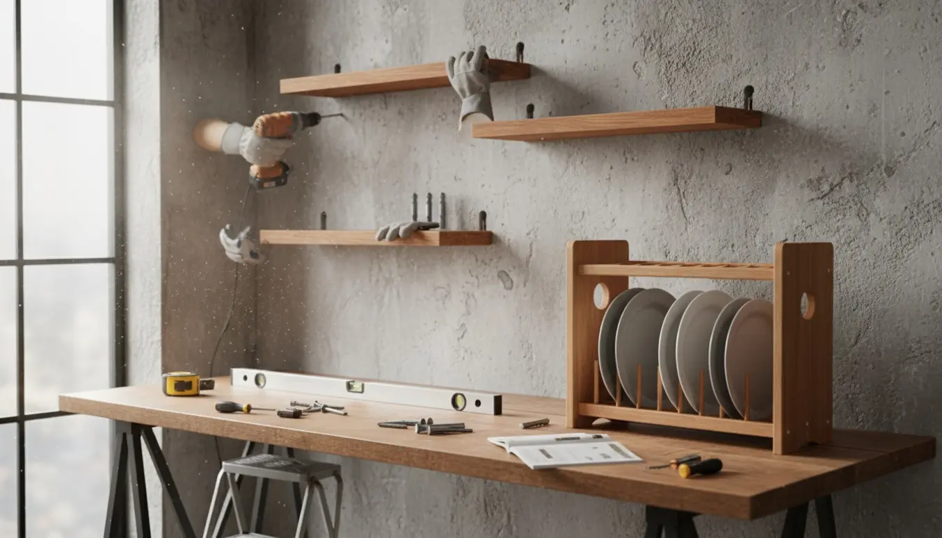 Hænder monterer tre hylder og en samlet tallerkenrække på en betonvæg med værktøj på et nærliggende bord.