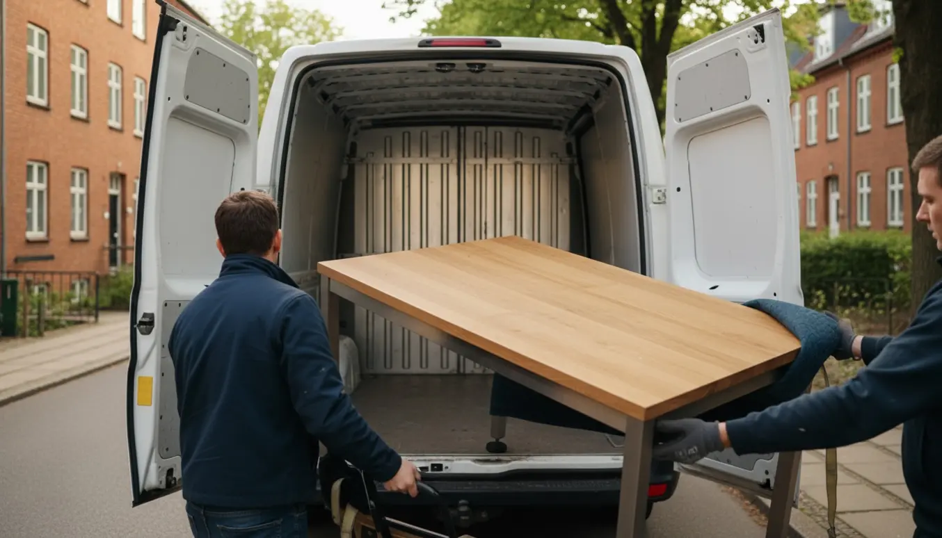 Et intakt skrivebord læsses forsigtigt ind i en varevogn på en stille boliggade.