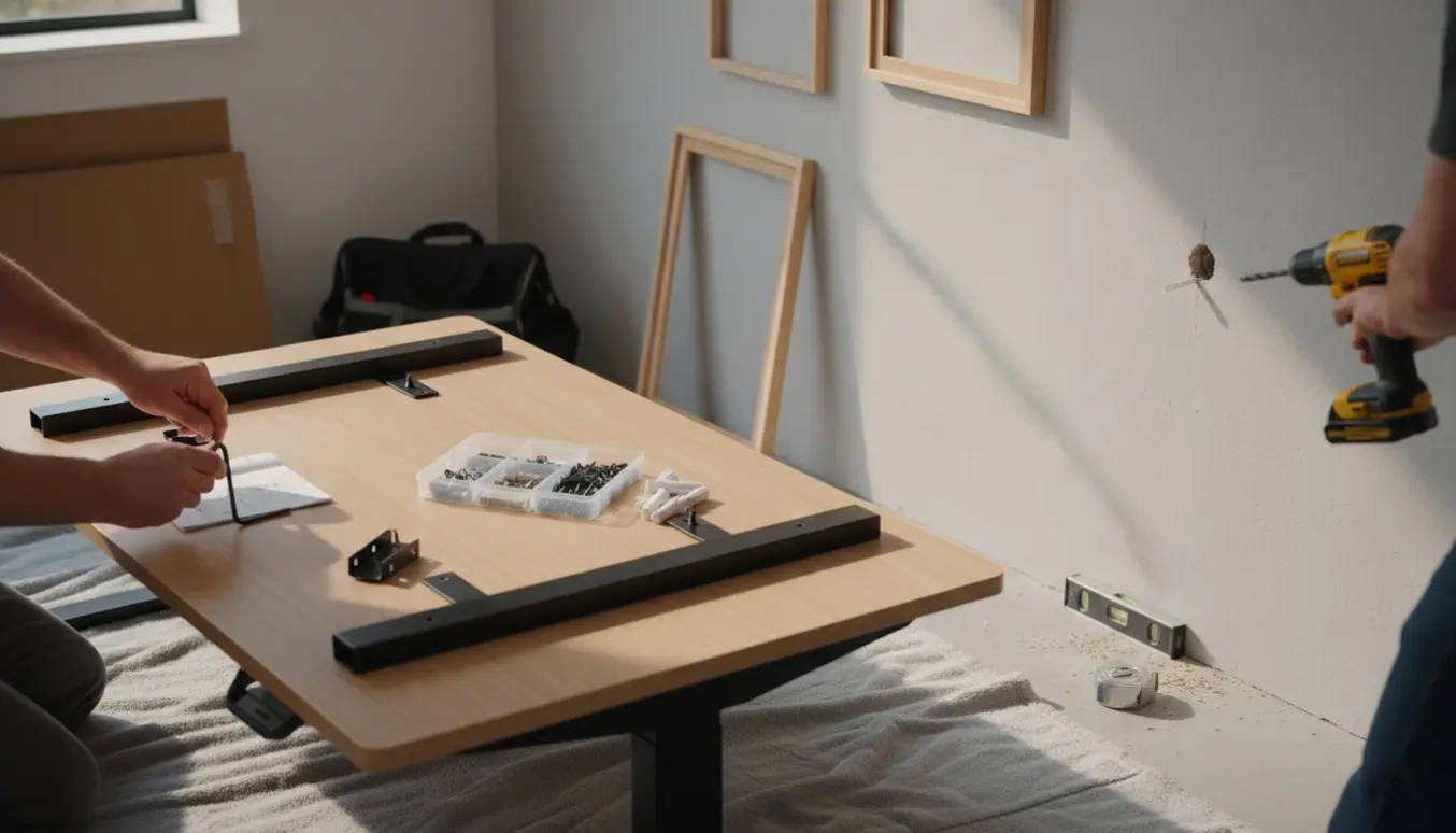 Samling af hæve-sænkebord med værktøj og to billedrammer ved gipsvæg klar til ophæng med rawlplugs.