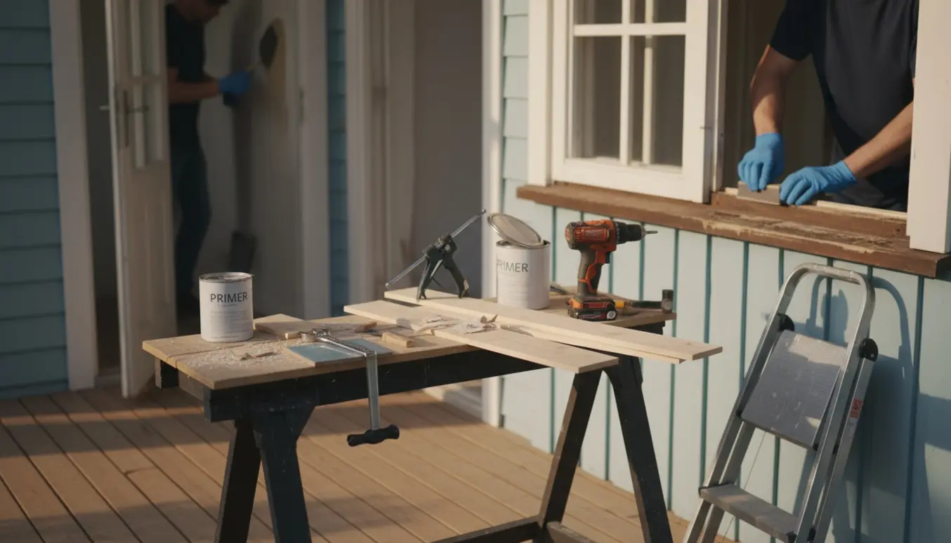 Værktøj og hænder i gang med forskellige vedligeholdelses- og reparationsopgaver ved et hus.