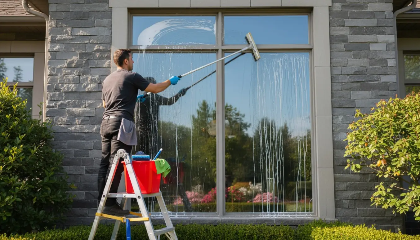 Udvendig vinduespudsning af et hus set bagfra, hvor en pudser bruger forlængerstang og skraber til at få vinduet til at skinne.