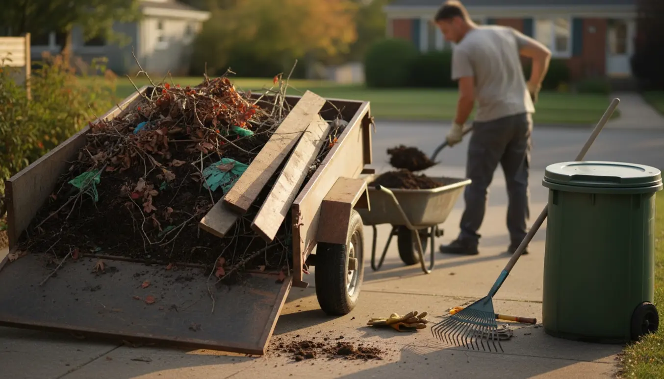 En trailer tømmes for haveaffald, gammelt træ og jord, mens en person læsser materialet i en trillebør.