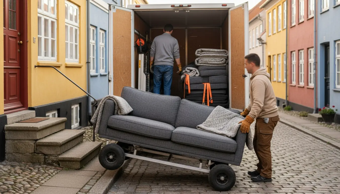 Sofa transporteres fra en varevogn mod en lille trappe, to hjælpere sikrer møblet med dolly og tæpper.