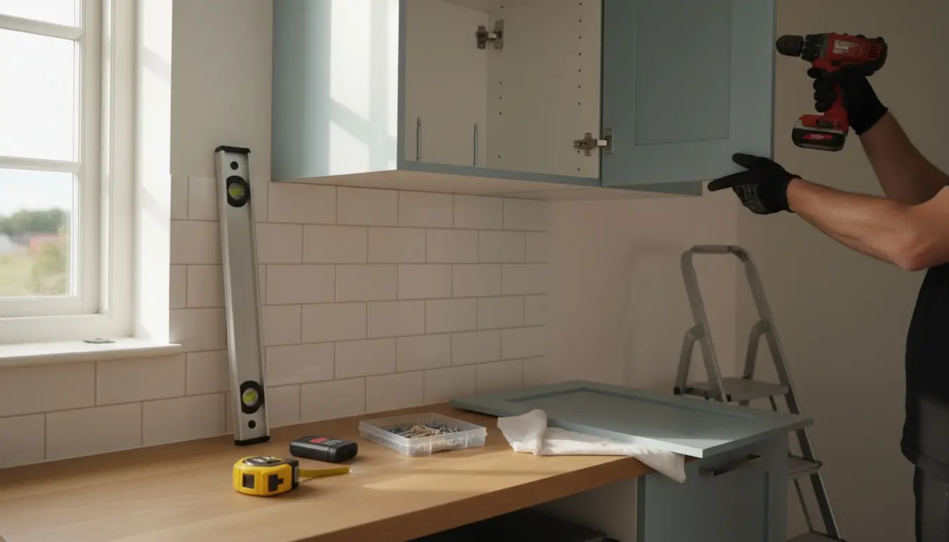 Hænder monterer et københavnerskab i et køkken med to overskabe taget ned og værktøj på bordet.