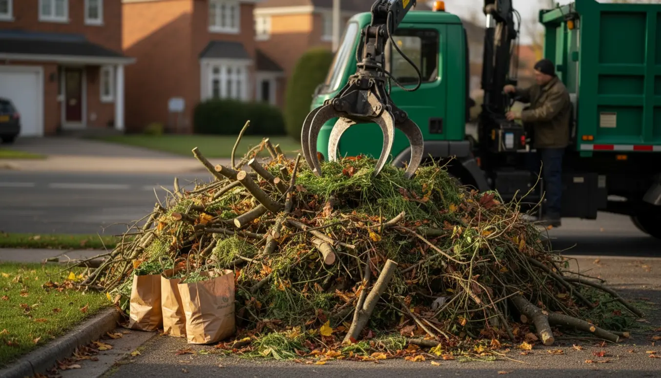 Bunke haveaffald i forhaven ved fortovet klar til afhentning med en hydraulisk grab.