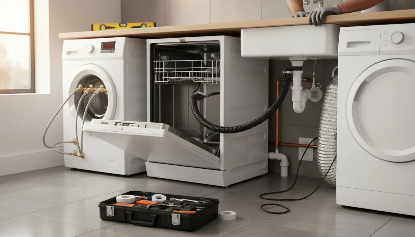 Autoriseret installatørs hænder tilslutter slanger og aftræk til opvaskemaskine, vaskemaskine og tørretumbler i et lyst bryggers.